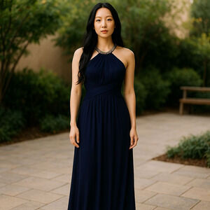 Cache Jeweled Neckline Pleated Crossover Waist Cross Back Maxi Formal Dress Sz 2